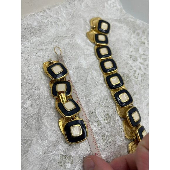 Vintage Resin Midnight Blue / Cream Gold Tone Double Square Design Necklace & Br - Picture 10 of 10